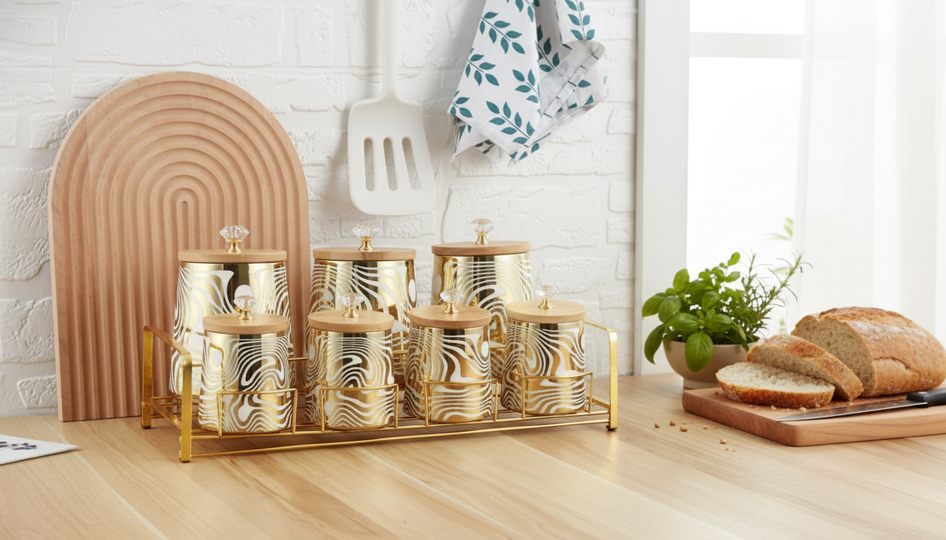 Ceramic Storage Jars + Wood Lids & Rack for Counters