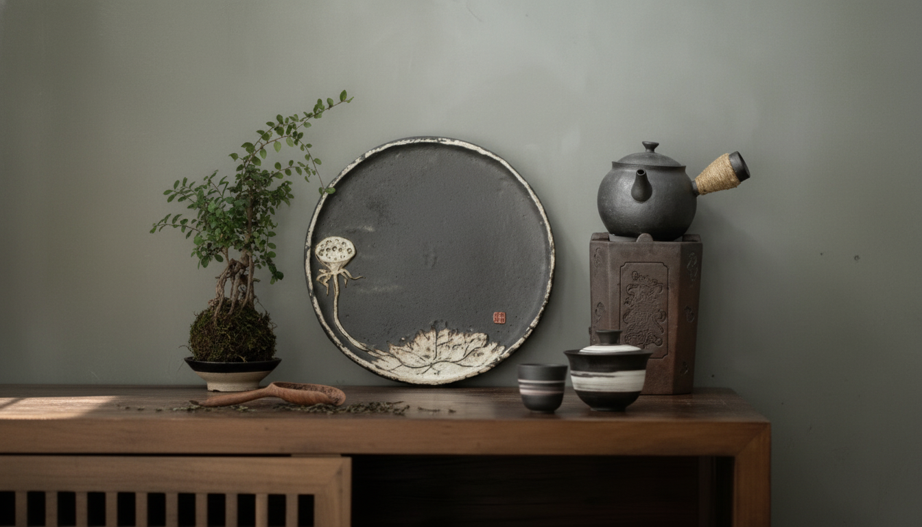 Retro Stoneware Tea Set with Round Single-Layer Tray